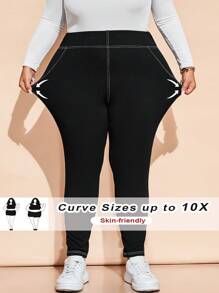 SHEIN CURVE+ Curve Plus Women's Casual Seam Topstitched Skinny Pants, Autumn/Winter - Black - View 2
