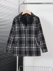 SHEIN Tween Boys' Zip-Up Long Sleeve Plaid Fashionable Loose Casual Jacket - Black and White - View 1