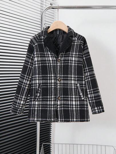 SHEIN Tween Boys' Zip-Up Long Sleeve Plaid Fashionable Loose Casual Jacket