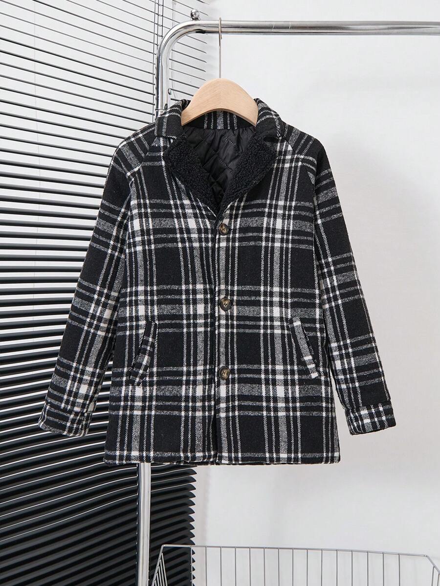SHEIN Tween Boys' Zip-Up Long Sleeve Plaid Fashionable Loose Casual Jacket - Black and White - View 1