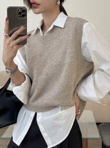 DAZY Damski sweter-kamizelka w jednolitym kolorze z dekoltem w serek, na wiosnę/jesień, na powrót do szkoły