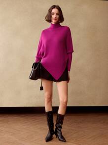 MOTF PREMIUM SOLID HIGH NECK ASYMMETRICAL HEM SWEATER - Hot Pink - View 9