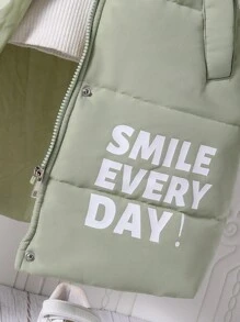 Tween Girl Winter Slogan Print Zipper Front Patchwork Fluffy Hooded Padded Coat - Mint Green - View 4