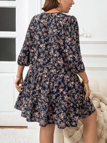 SHEIN LUNE Vestido midi de talla grande con estampado floral menudo, vestido corto casual con mangas de obispo, atuendo de Acción de Gracias y Año Nuevo para mujeres