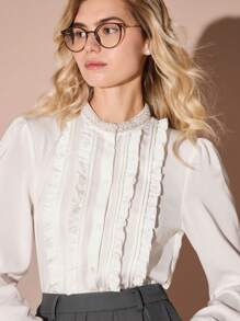 Enchnt 1 件女式纯色领长袖前扣简约衬衫，休闲日常穿着 - 白色 - 查看 2