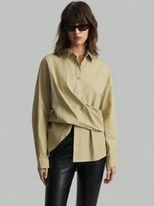 Ontre Women's Cotton Khaki Button-Up Loose Wrap Casual Shirt, Simple Design, Long Sleeve, Autumn