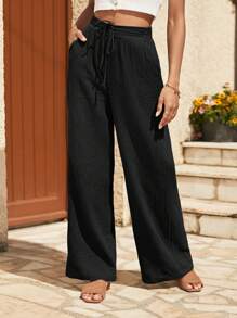 SHEIN Frenchy Drawstring Waist Wide Leg Trousers - Black - View 2