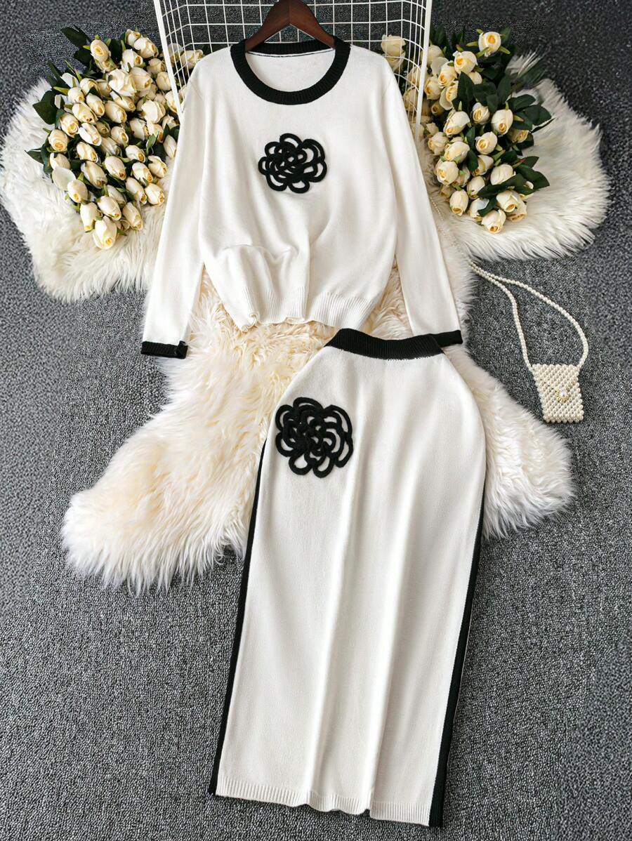 SHEIN Clasi Bộ đồ dệt kim tay dài và chân váy họa tiết hoa Colorblock cỡ lớn, thanh lịch, dành cho mùa đông - trắng - Xem 1
