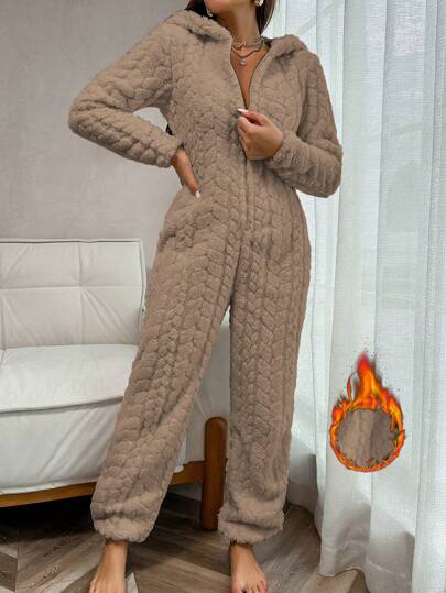 1 Piece Solid Color Jacquard Fluffy Zipper Front Hooded Jumpsuit Loungewear, For Fall Winter, Cozy Outfit