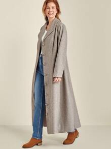 SHEIN Clasi 1pc Women Plus Size Plain Fitted Long Overcoat Fall Cloth For Women - Khaki - View 3