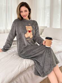 Softscene Cute Bear Embroidered Plush Long Sleeve Sleep Dress For Women, Moo Moo, For Fall Winter, Fluffy, Cozy - Grey - View 5