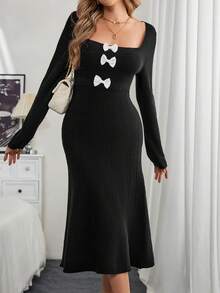 SHEIN Unity Women Bow Decorated Simple Casual Knit Sweater Dress, Long Sleeve - Black - View 4