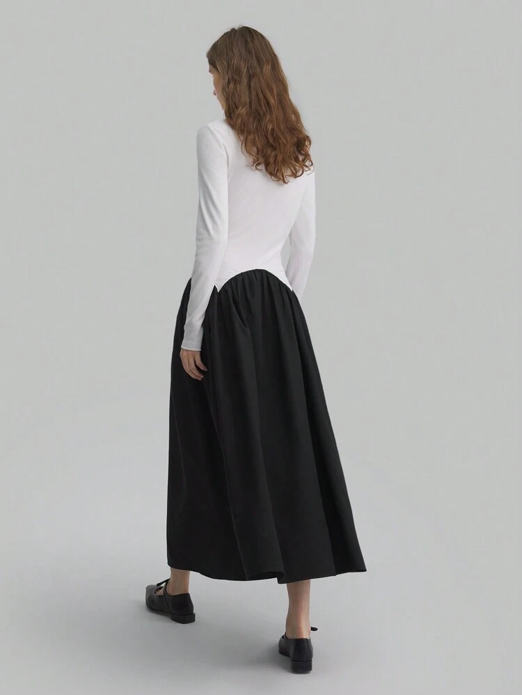 Women's New Year Color Block High Neck Maxi Elastic Waist Casual Long Sleeve Dress