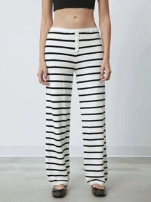 SHEIN EZwear Calças femininas listradas minimalistas com botões frontais e cintura baixa, uso diário casual - Preto e Branco - Ver 4