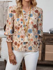 EMERY ROSE 女士褶皱花卉印花蝙蝠袖休闲假日衬衫 - 杏色 - 查看 3