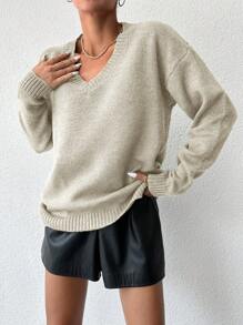 EURMUSE Maglione lavorato a maglia casual e ampio con spalle cadenti, di colore tinta unita, adatto per l'autunno - Beige - Visualizzare 4