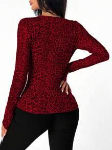 Chiquease Leopard Print Spliced Flounced Fitted Long Sleeve T-Shirt - Red - View 2