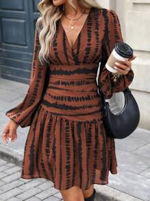 SHEIN Clasi Đầm dự tiệc cổ chữ V tay bồng bềnh họa tiết ngựa vằn ôm sát và xòe cho nữ, Xuân/Thu, Thu - Rỉ Nâu - Xem 4