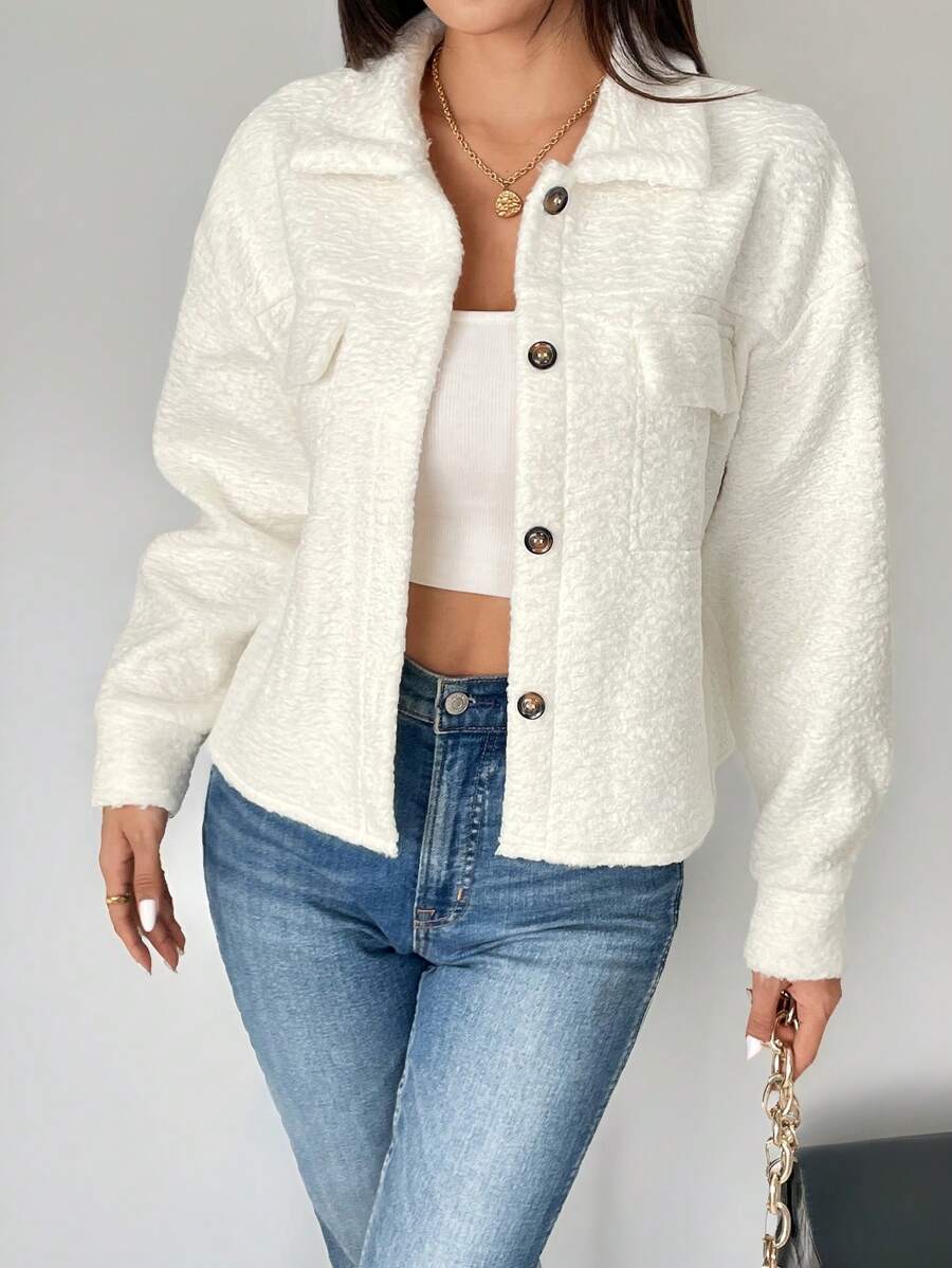 SHEIN PETITE Flap Pocket Drop Shoulder Button Front Overcoat - Apricot - View 1