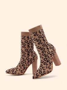 CUCCOO BASICS Women's Pointy Toe Chunky Heel Leopard Print Slip-On Elastic Knit Sock Boots, Mid-Calf Short Boots Spring Shoes Spring Break Easter