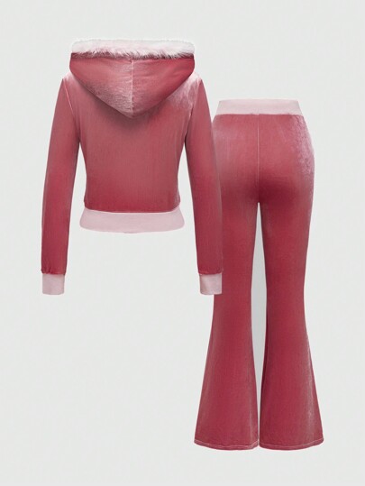 Women's Y2K Vintage-Style Velvet Patchwork Hooded 2 Pieces Set With Fluffy Collar, Valentine's Day