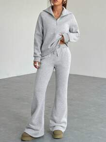 SHEIN EZwear Bộ 2 áo nỉ trơn màu đơn giản và quần nỉ cho nữ, mùa thu/đông - Xám - Xem 5