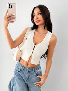 SHEIN PETITE Women's French Casual Solid Color Sleeveless Knit Top Simple Vest Cardigan Vest Hem Slit White Vest V Neck Beige Vest Vacation Cardigan Holiday Top V Neck Asymmetric Hem