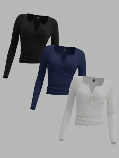 SHEIN EZwear 3 قطع تيشيرت نسائي بتصميم واسع ذو رقبة على شكل حرف V و أكمام طويلة مناسب للمقاسات الكبيرة، قمصان كاجوال متعددة الاستخدامات بألوان أسود وأزرق ورمادي للربيع والخريف