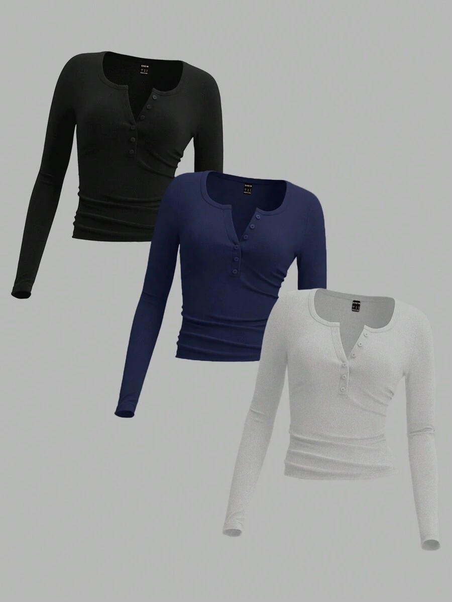 SHEIN EZwear 3pcs Plain V-Neck Long Sleeve Form-Fitting Plus Size Women T-Shirts, Casual Versatile All-Match Tops In Black, Blue, Grey For Spring/Autumn And Winter - Multicolor - View 1