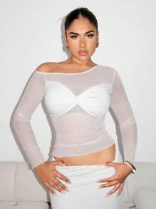 Zolique Camiseta sexy para mujer con manga larga, hombro oblicuo, malla y retorcido transparente