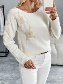 SHEIN LUNE 1pc Women Floral Embroidery Crewneck Long Sleeve Casual Top, Everyday Wear