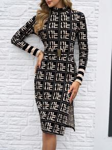 Ellevyn Đầm ôm body dệt kim cổ lọ dài tay in họa tiết hình học cho nữ, quần áo thu đông mùa đông cho nữ Đầm cổ lọ dài tay thanh lịch cho nữ Đầm dài tay - Nhiều màu - Xem 5