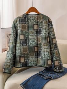 SHEIN Frenchy Plus Size Winter Casual Patchwork Print Drawstring Padded Coat,Winter,Warm - Multicolor - View 5