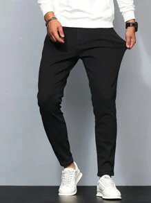 Manfinity Homme Plus Size Men Fashion Casual Versatile Slant Pocket Denim Jeans, Slim Fit Dark Jeans Long Plain Black Washed Cargo Jeans, For Husband, Boyfriend Gifts