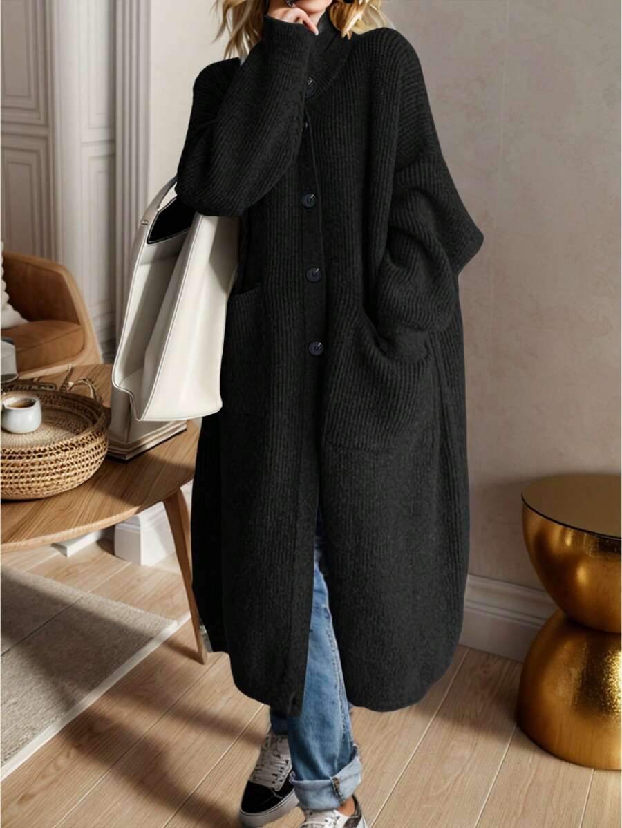 EMERY ROSE 1pc Women Plain Front Button Up Long Sleeve Pocket Blouse, Casual For Everyday Wear Fall Winter Cloth For Women - Black - View 1