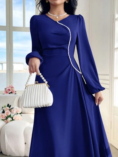 Modelyn Vestido largo elegante y modesto para mujeres con cuello en V, mangas farol, decoración de perlas falsas y manga larga tipo abaya para eventos de noche