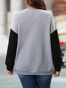 SHEIN LUNE 1pc Women's Plus Size Contrast Color Drop Shoulder Long Sleeve Casual Sweatshirt, Autumn Pullover Fall - Grey - View 2