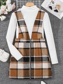 SHEIN طقم يتكون من تي شيرت أساسي بياقة عالية وأكمام طويلة ، وتنورة كاجوال بنمط البوليستر على شكل أربطة معلقة مناسب للمراهقات، موسم الخريف - متعدد الألوان - مشاهدة 1