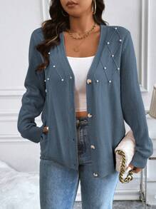 Vionelle Plus Size Bubble Knit Texture Cardigan, Suitable For Spring And Autumn, For Winter Fall Cloth For Women - Dusty Blue - View 5