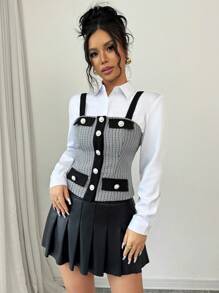 Chiquease Fashionable Fitted Crop Color Block Camisole Top, To Be Worn Outerwear Graphic Tees Women Tops - Black - View 4