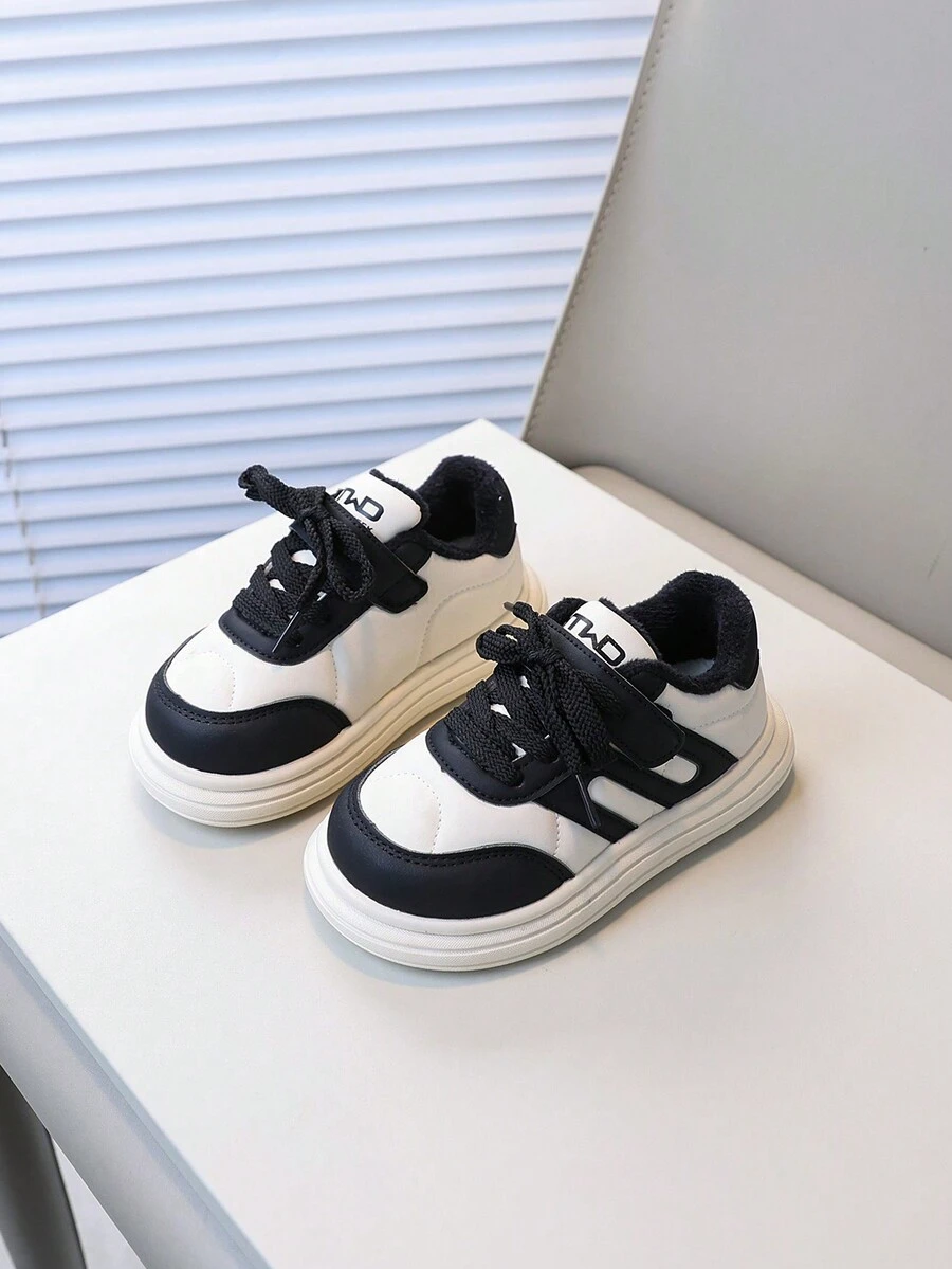 1 đôi giày lười đế thô tối giản PU thời trang cho bé gái, giày học sinh cổ điển phù hợp để mang hàng ngày trong mọi mùa, giày thể thao dày cho trẻ em vào mùa đông - màu đen - Xem 1