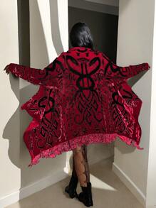 Flirla Plus Size Open Front Long Sleeve Graphic Detail Minimalist Cardigan, Casual Everyday Wear, Winter