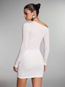 SHEIN BAE 1 chiếc váy xếp ly bó sát cổ bẻ màu trơn thanh lịch cho nữ - trắng - Xem 2