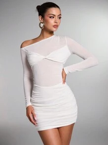 SHEIN BAE 1 chiếc váy xếp ly bó sát cổ bẻ màu trơn thanh lịch cho nữ - trắng - Xem 4