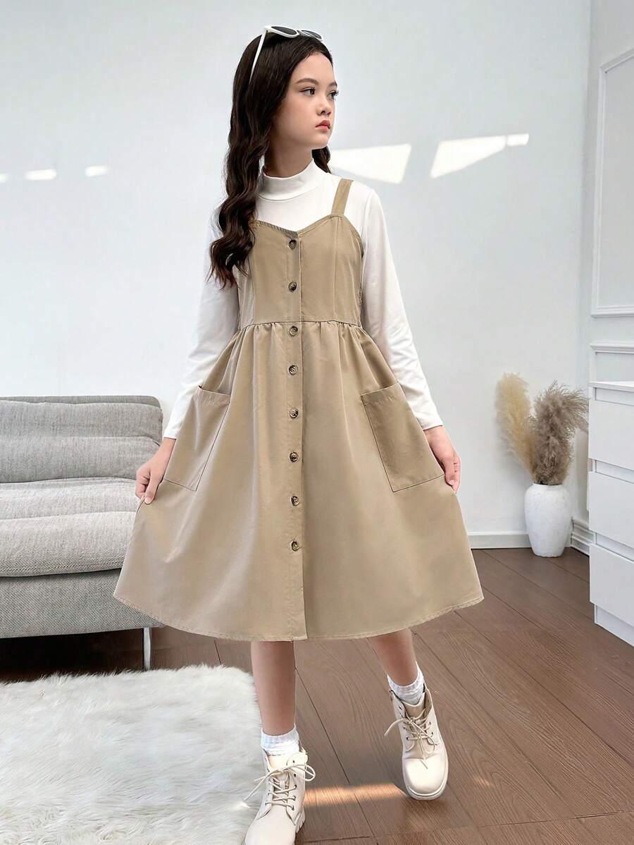 Tween Girls Casual Sleeveless Fitted Waist Dress With Big Pocket, Comfortable & Versatile - Camel - View 1