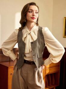 Vintamour Vintage Classic College Style Women's Vest, Four Seasons Fit, Pockets & Button Decor, Coffee Color Maillard Women Vest Thanksgiving Women New Years Winter Clothes For Women New Years Women - Coffee Brown - View 5