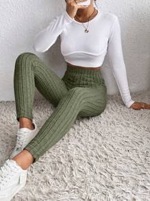 SHEIN Frenchy Leggings sin costuras, elásticos de cintura, con acanalado de unicolor