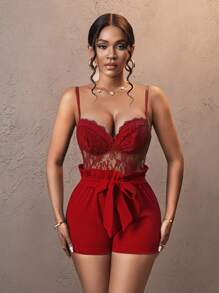Slaydiva 2pcs Set: Sexy Elegant Spaghetti Strap Lace Sheer Jumpsuit + Ruffle Tie Bow Hem Shorts, Navy Blue, Women Summer New Arrival - Red - View 6