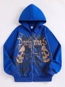 Gothic Letter & Skull Print Hooded Sweatshirt For Teenage Boys, Street Style, Halloween - Blue - View 1