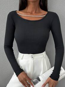 RueChic Pearl Detailed Black Long Sleeve Top - Black - View 4